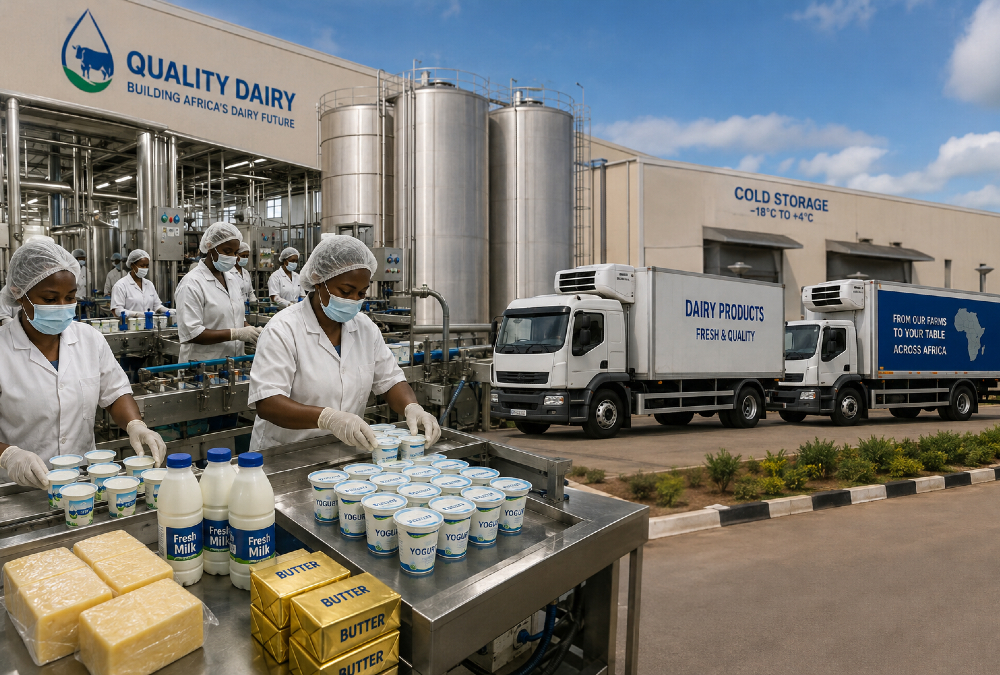 Modern dairy processing plant and cold-chain storage infrastructure in Africa, supporting value-added exports of cheese, butter, and yogurt to neighboring countries.