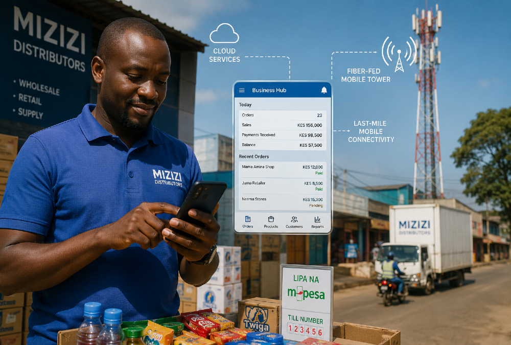 African distributor running a business from a smartphone as a cell tower delivers fiber-fed mobile broadband