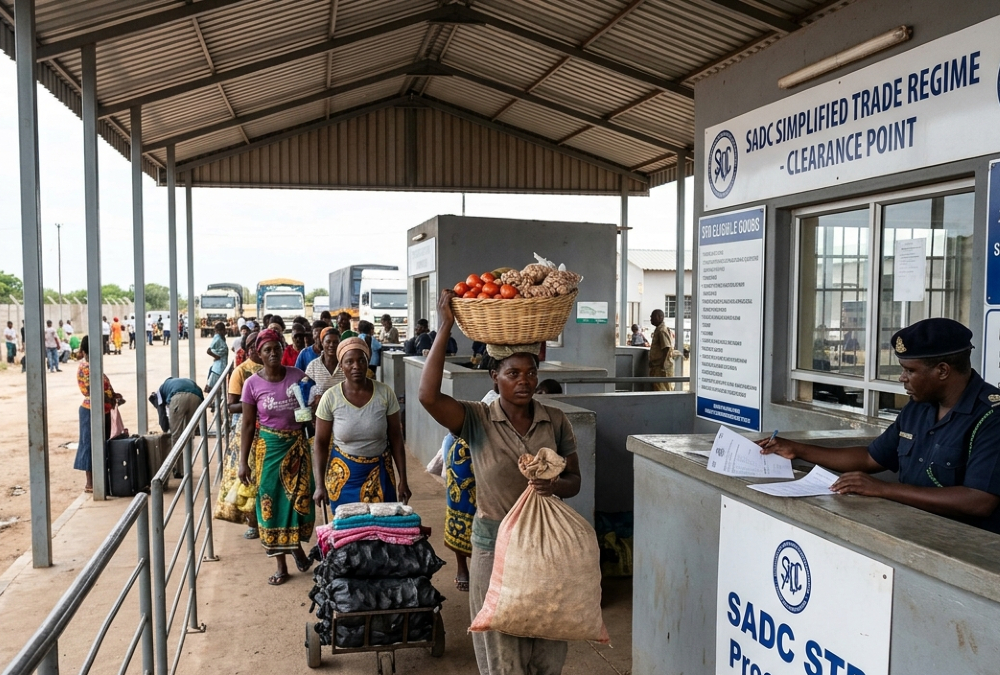 Small-scale traders crossing a Southern African border post under the SADC Simplified Trade Regime, which aims to simplify customs procedures for cross-border trade.