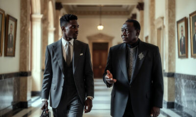 A young African professional and a senior statesman walking side by side through a government hallway, symbolizing the gap between generational turnover and genuine leadership formation across the continent.