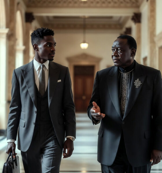 A young African professional and a senior statesman walking side by side through a government hallway, symbolizing the gap between generational turnover and genuine leadership formation across the continent.