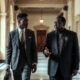 A young African professional and a senior statesman walking side by side through a government hallway, symbolizing the gap between generational turnover and genuine leadership formation across the continent.