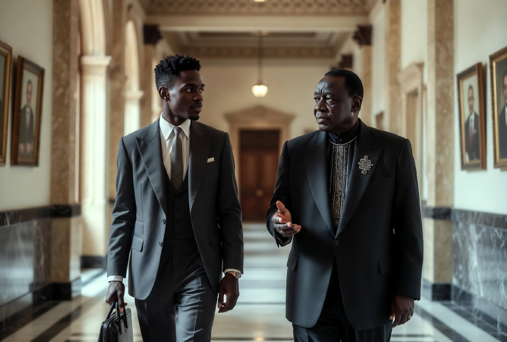 A young African professional and a senior statesman walking side by side through a government hallway, symbolizing the gap between generational turnover and genuine leadership formation across the continent.