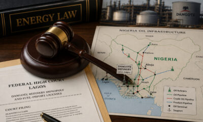 Gavel resting on legal documents beside a map of Nigeria's oil infrastructure, symbolizing the courtroom battle over the Dangote refinery monopoly and fuel-import licenses