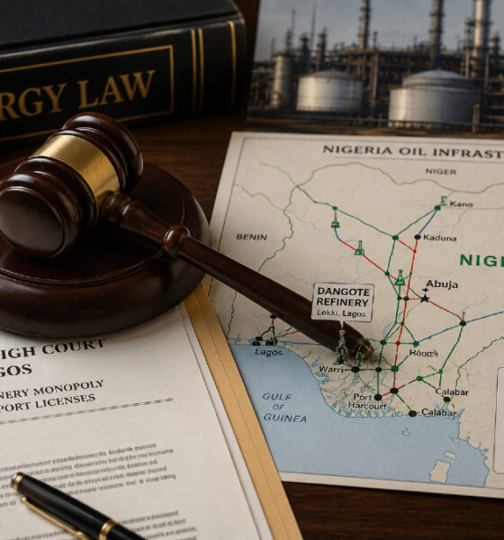 Gavel resting on legal documents beside a map of Nigeria's oil infrastructure, symbolizing the courtroom battle over the Dangote refinery monopoly and fuel-import licenses