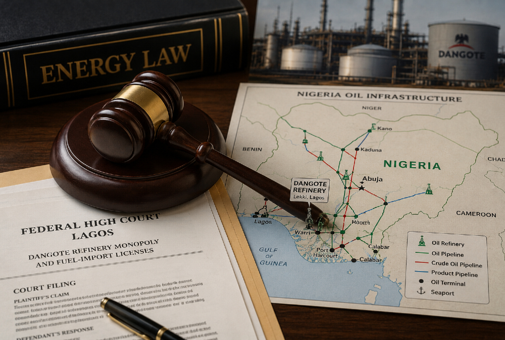Gavel resting on legal documents beside a map of Nigeria's oil infrastructure, symbolizing the courtroom battle over the Dangote refinery monopoly and fuel-import licenses
