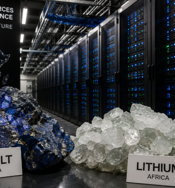 Cobalt and lithium ore beside server racks, illustrating Africa's AI strategy of turning resources into intelligence