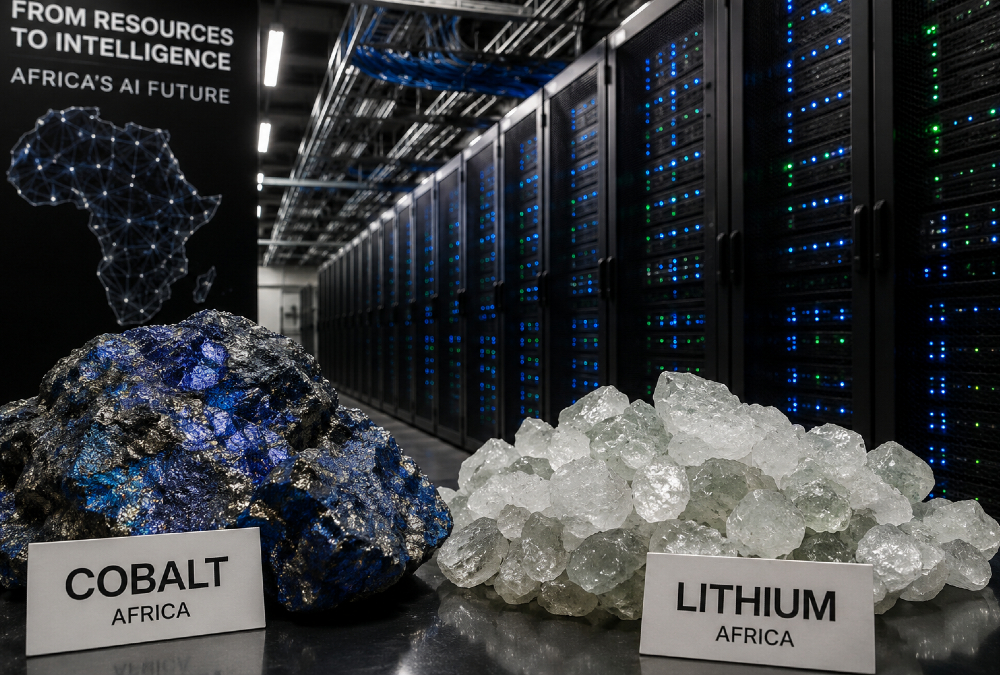 Cobalt and lithium ore beside server racks, illustrating Africa's AI strategy of turning resources into intelligence