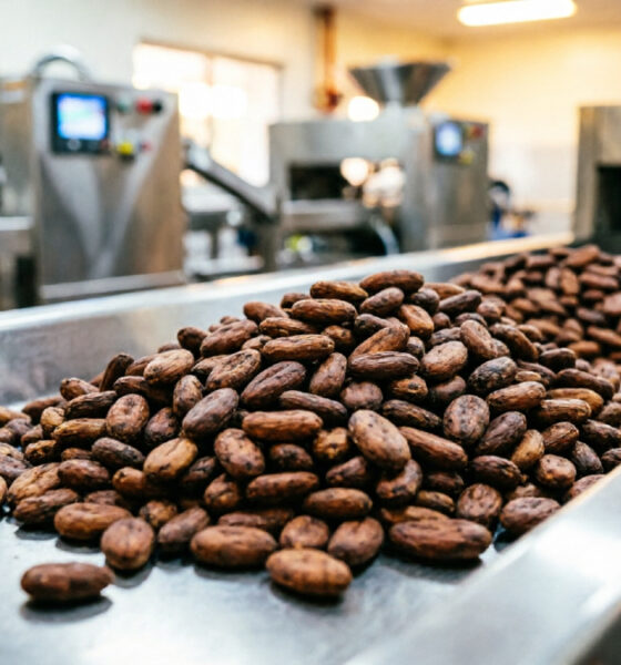 Dried cocoa beans at a processing facility in Ghana, part of the supply chain behind Niche Cocoa's historic investment in Wisconsin's food sector.