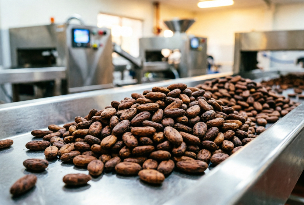 Dried cocoa beans at a processing facility in Ghana, part of the supply chain behind Niche Cocoa's historic investment in Wisconsin's food sector.
