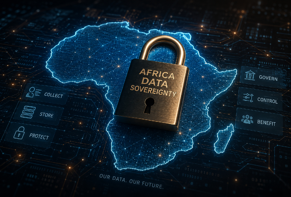Africa data sovereignty concept: a padlock over a digital map of Africa, emphasizing the need for the continent to govern its own data before external actors do.