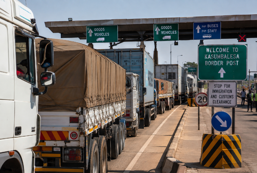 Trucks waiting at an African border crossing illustrating the infrastructure challenges facing AfCFTA implementation and continental free trade