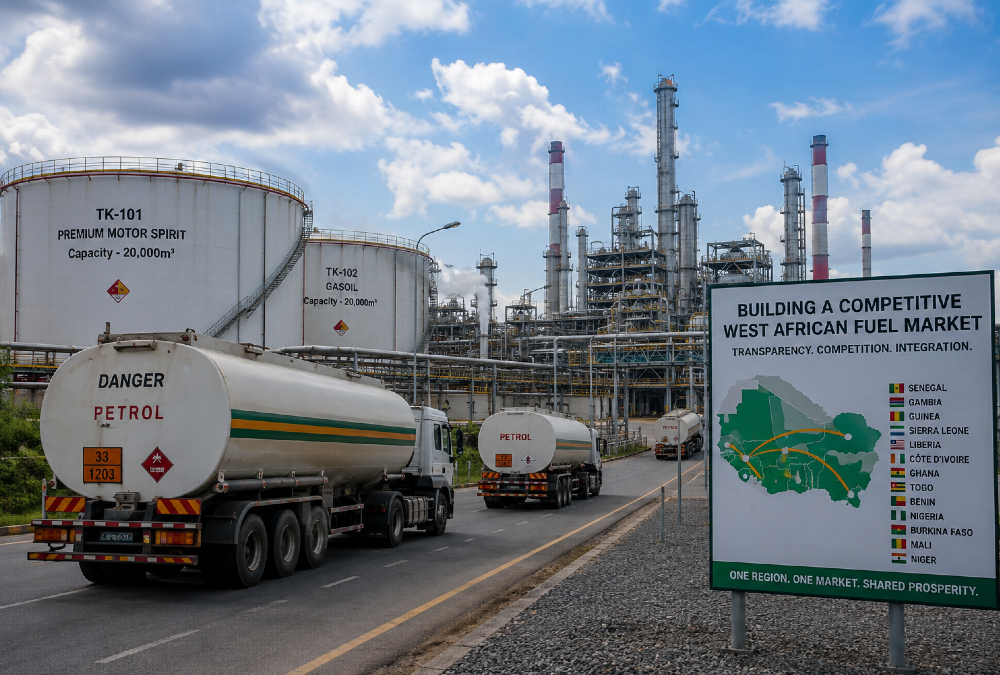 Fuel tanker trucks and refinery infrastructure symbolizing West Africa's regional fuel market and pricing benchmark integration