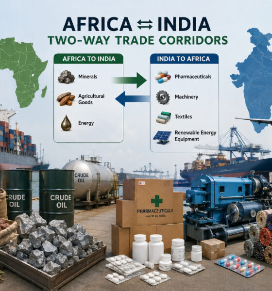 Please generate a realistic image of dimensions 1536 by 1024 from the following theme: Two-way trade corridors between Africa and India showing exports of African minerals, agricultural goods, and energy alongside Indian pharmaceuticals, machinery, textiles, and renewable-energy equipment.