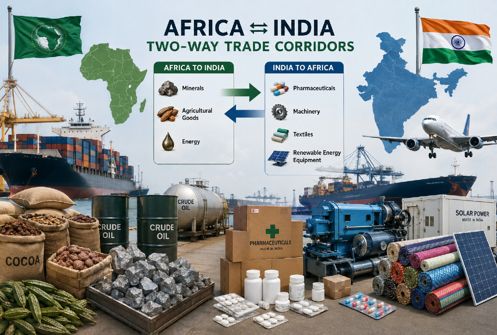 Please generate a realistic image of dimensions 1536 by 1024 from the following theme: Two-way trade corridors between Africa and India showing exports of African minerals, agricultural goods, and energy alongside Indian pharmaceuticals, machinery, textiles, and renewable-energy equipment.