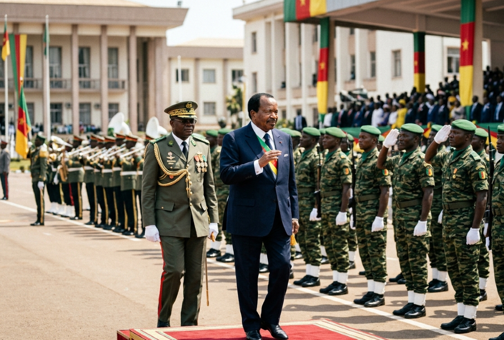 President Paul Biya reviewing Cameroonian troops in an archive photo, amid growing concerns over military loyalty and succession.