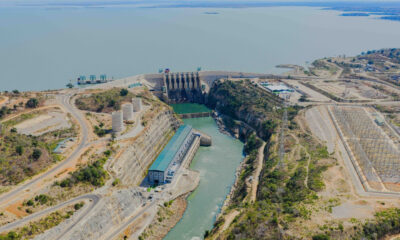 Aerial view of the Julius Nyerere Hydropower Project dam on the Rufiji River in Tanzania, generating power for East Africa's industrial growth