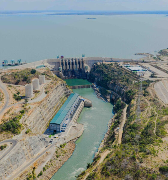 Aerial view of the Julius Nyerere Hydropower Project dam on the Rufiji River in Tanzania, generating power for East Africa's industrial growth