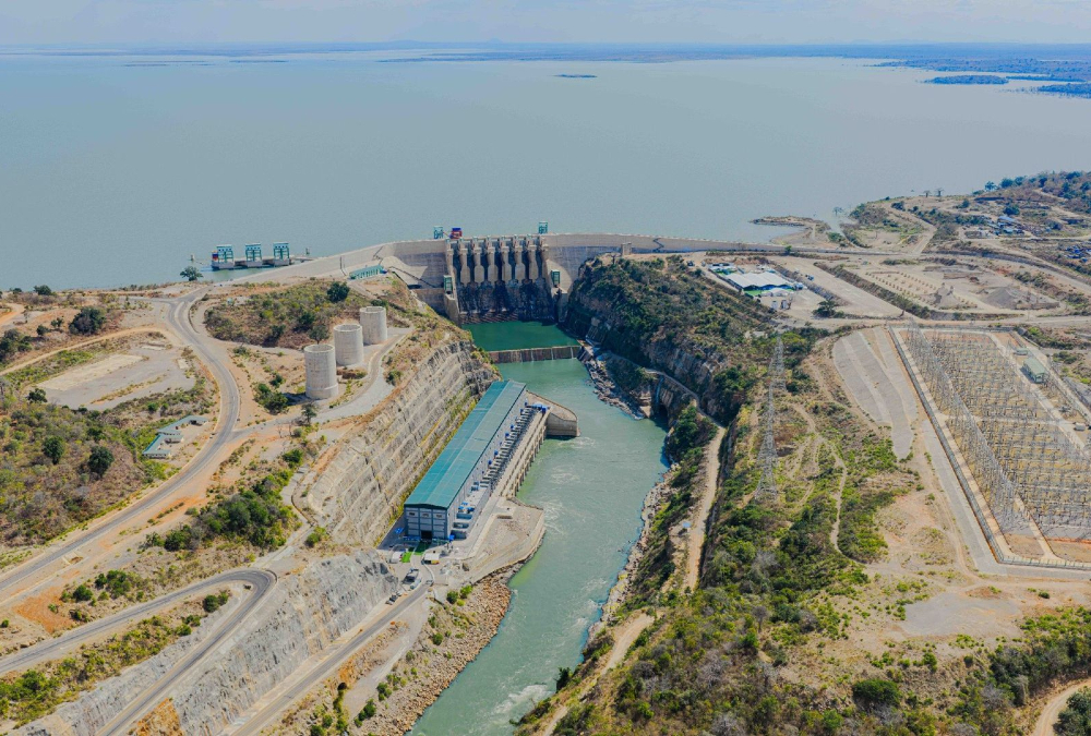 Aerial view of the Julius Nyerere Hydropower Project dam on the Rufiji River in Tanzania, generating power for East Africa's industrial growth