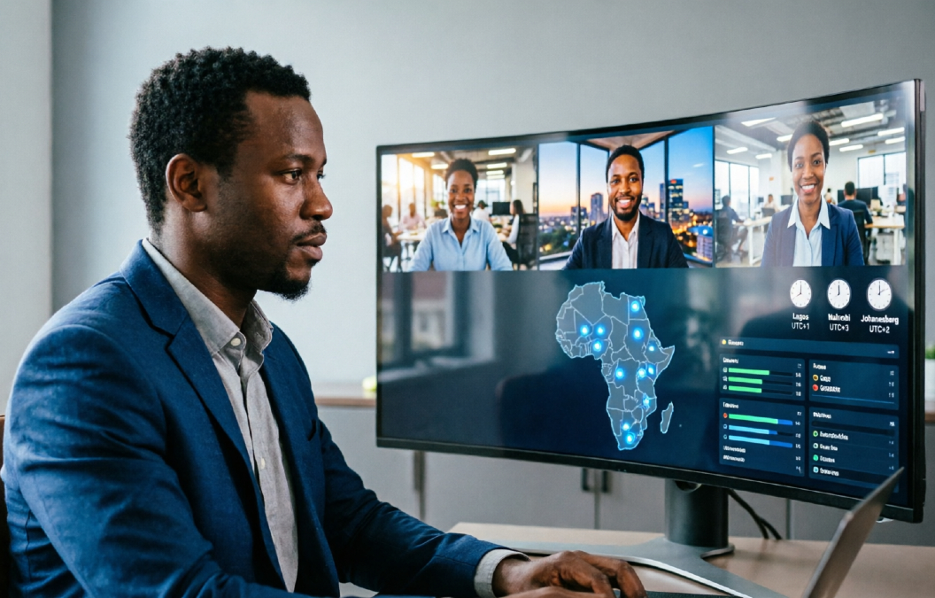 Remote cross-border team coordinating across African time zones using digital collaboration tools for seamless multinational operations.