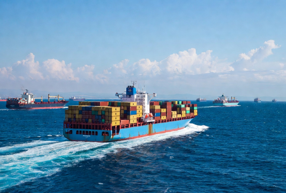 Ships with containers on the high seas illustrating high maritime traffic bypassing African ports