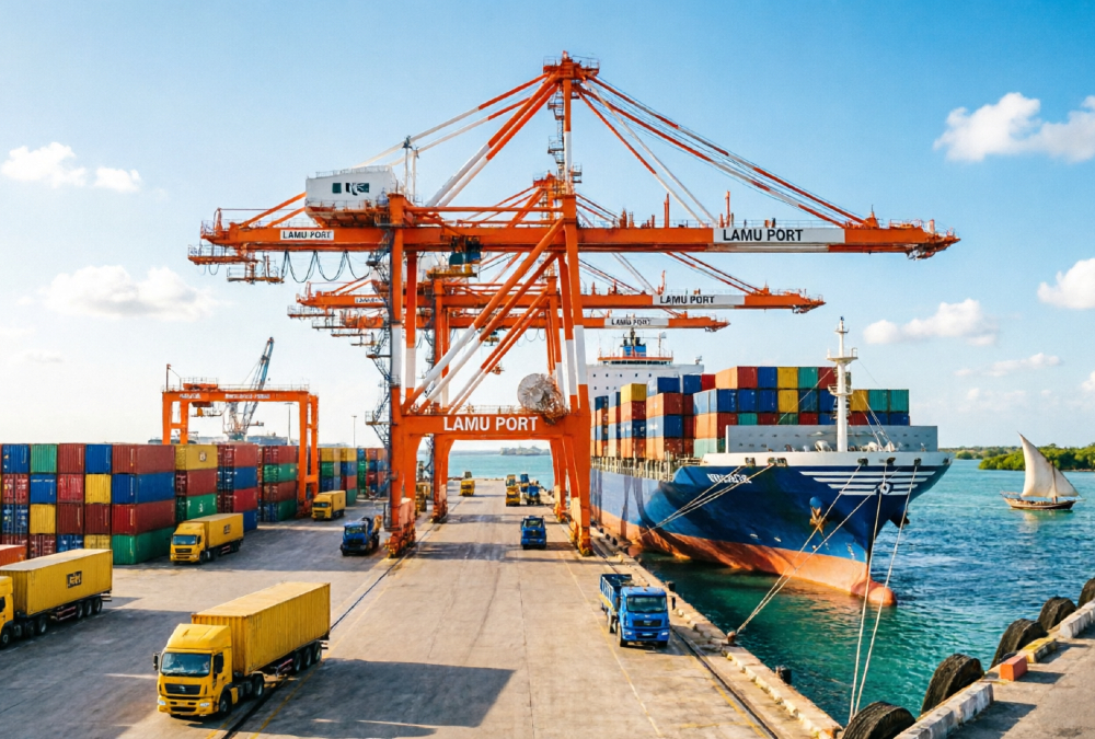 Cargo cranes at Lamu Port, Kenya, the maritime gateway of the LAPSSET trade corridor.