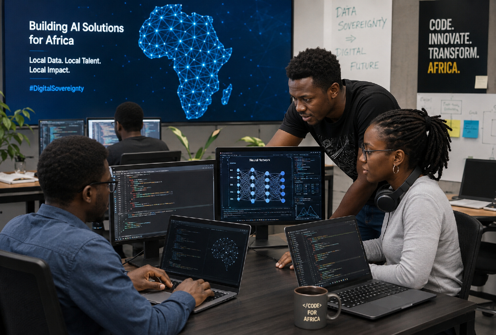 African software developers working on artificial intelligence projects and machine learning models to build local tech capacity and reduce digital dependency