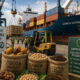 Container ship loading African agricultural exports including cocoa, cashew, and coffee for European markets with new sustainability requirements