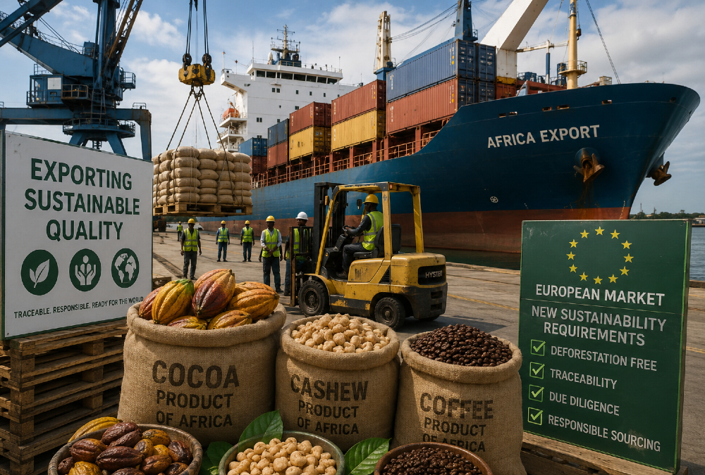 Container ship loading African agricultural exports including cocoa, cashew, and coffee for European markets with new sustainability requirements
