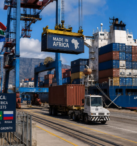 Cargo containers being loaded at a South African port, serving as a logistics hub for African exports to BRICS nations.