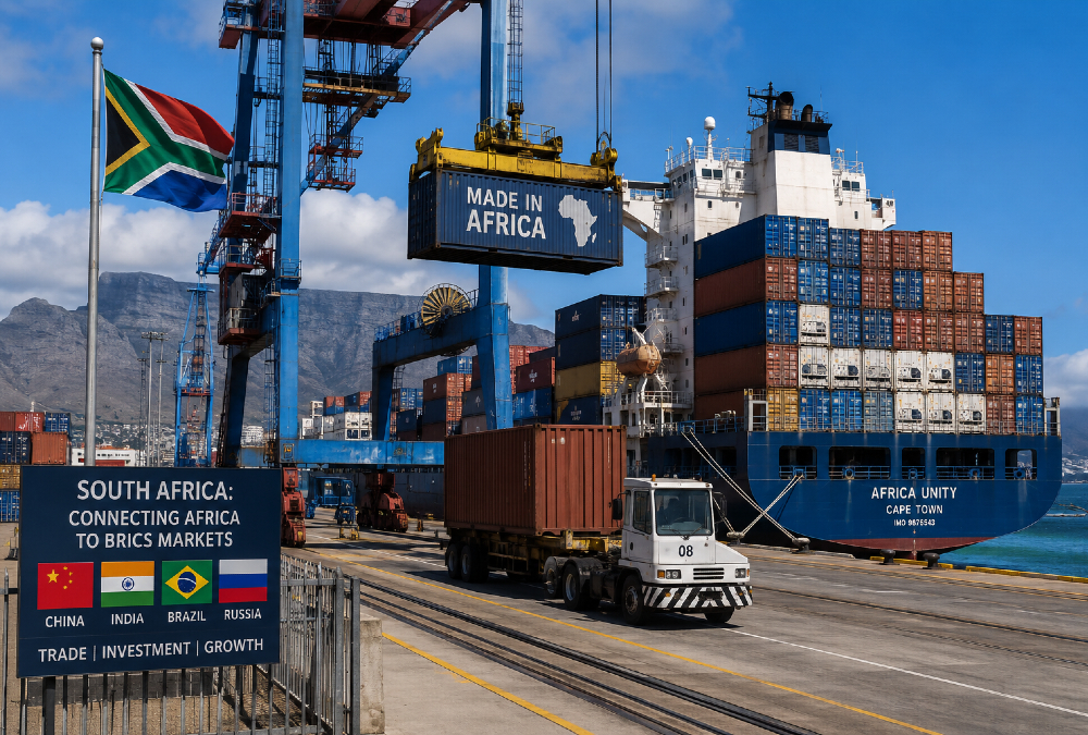 Cargo containers being loaded at a South African port, serving as a logistics hub for African exports to BRICS nations.