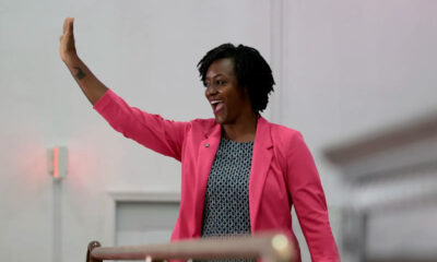 Angie Nixon, Florida state representative and Democratic Socialists of America member, celebrates her upset win in the Florida Democratic US Senate primary over Alexander Vindman.