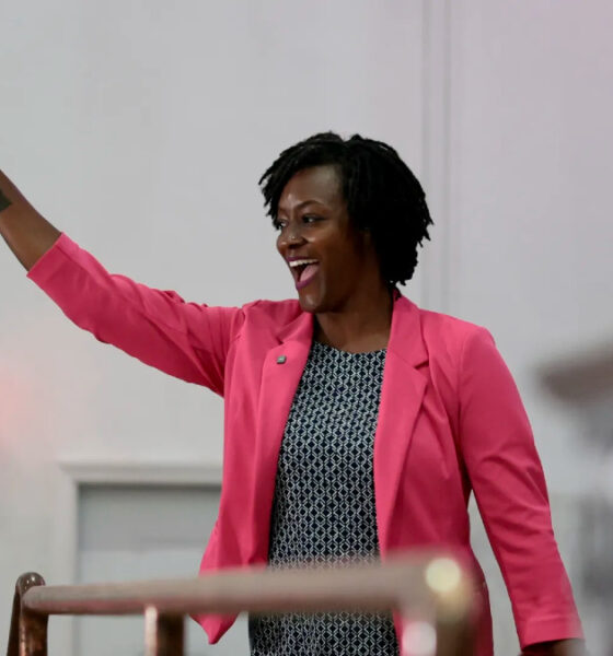 Angie Nixon, Florida state representative and Democratic Socialists of America member, celebrates her upset win in the Florida Democratic US Senate primary over Alexander Vindman.