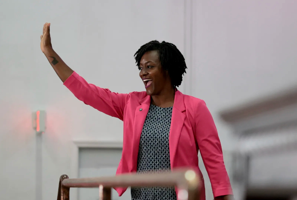 Angie Nixon, Florida state representative and Democratic Socialists of America member, celebrates her upset win in the Florida Democratic US Senate primary over Alexander Vindman.