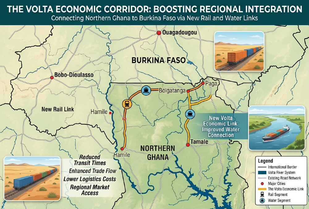 Map of the Volta Economic Corridor showing the new rail and water transport link connecting northern Ghana to Burkina Faso.