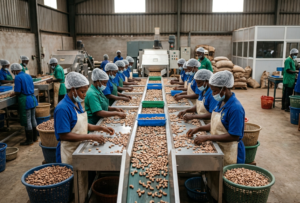 Cashew processing factory in Ghana with workers sorting raw cashew nuts on an industrial production line