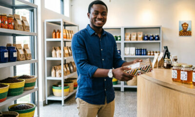 Young African entrepreneur serving customers at a local shop, showing trust in African businesses