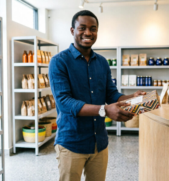 Young African entrepreneur serving customers at a local shop, showing trust in African businesses