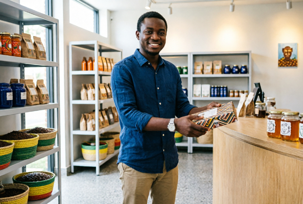 Young African entrepreneur serving customers at a local shop, showing trust in African businesses