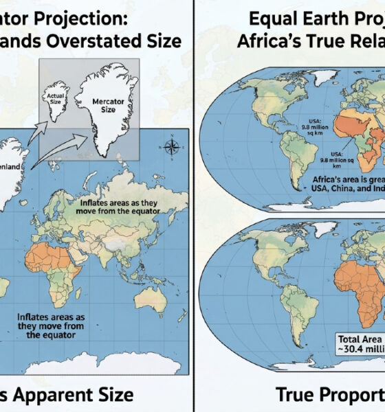Side-by-side comparison of Mercator projection vs Equal Earth projection showing Africa's true size relative to other continents