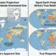 Side-by-side comparison of Mercator projection vs Equal Earth projection showing Africa's true size relative to other continents