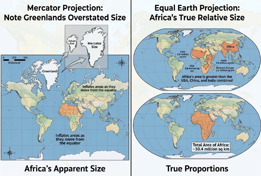 Side-by-side comparison of Mercator projection vs Equal Earth projection showing Africa's true size relative to other continents