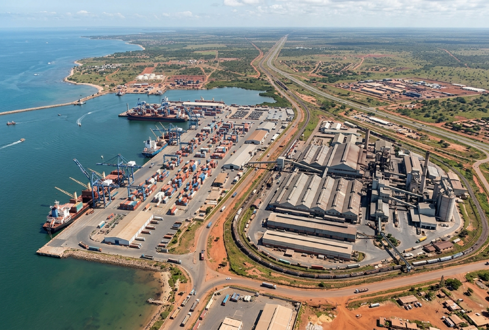 Aerial view of an African port and factory complex linked by regional trade routes.