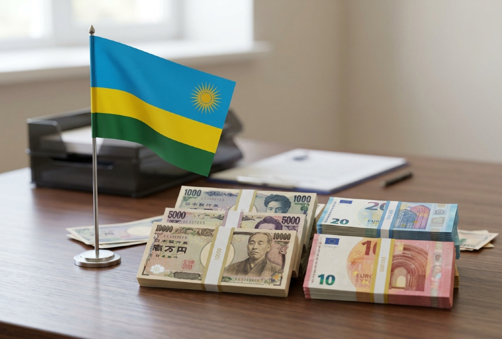 Rwandan flag beside Japanese yen and euro banknotes, symbolizing Rwanda's multi-currency loan
