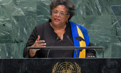 Barbados Prime Minister Mia Mottley speaking at the 81st UN General Assembly, advocating for a Caribbean zone of peace.