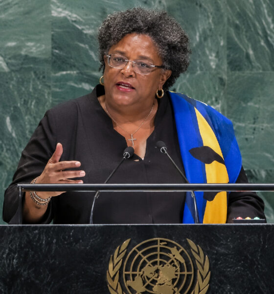 Barbados Prime Minister Mia Mottley speaking at the 81st UN General Assembly, advocating for a Caribbean zone of peace.