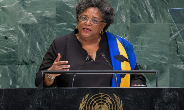 Barbados Prime Minister Mia Mottley speaking at the 81st UN General Assembly, advocating for a Caribbean zone of peace.