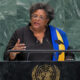 Barbados Prime Minister Mia Mottley speaking at the 81st UN General Assembly, advocating for a Caribbean zone of peace.