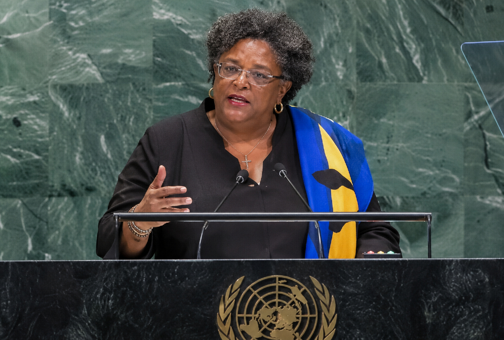 Barbados Prime Minister Mia Mottley speaking at the 81st UN General Assembly, advocating for a Caribbean zone of peace.