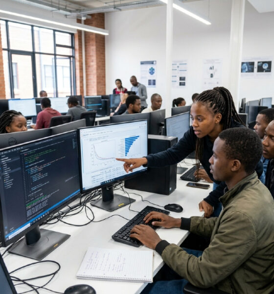 African university students learning machine learning and data science skills in a modern computer lab, building the next generation of AI researchers and engineers